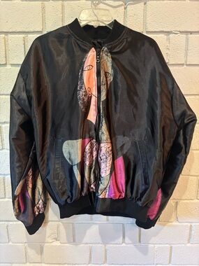 Vintage Black Satin Bomber Jacket with Abstract Pink & Gray Motif